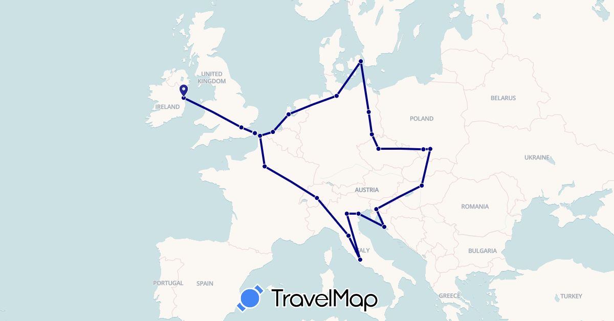 TravelMap itinerary: driving in Switzerland, Germany, Denmark, France, United Kingdom, Ireland (Europe)